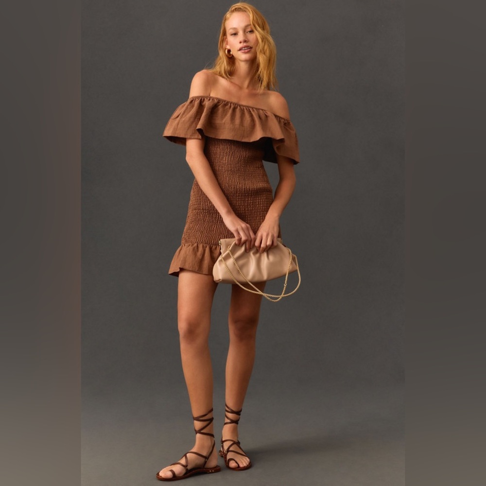 NWOT smocked off the shoulder brown dress